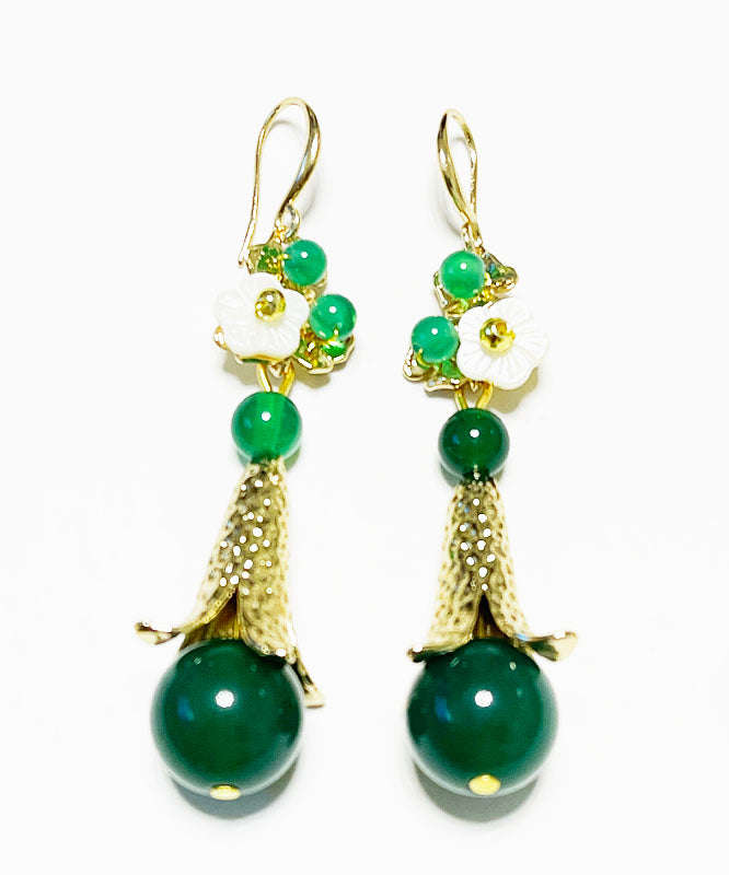 Green Sterling Silver Overgild Jade Agate Shell Flower Drop Earrings