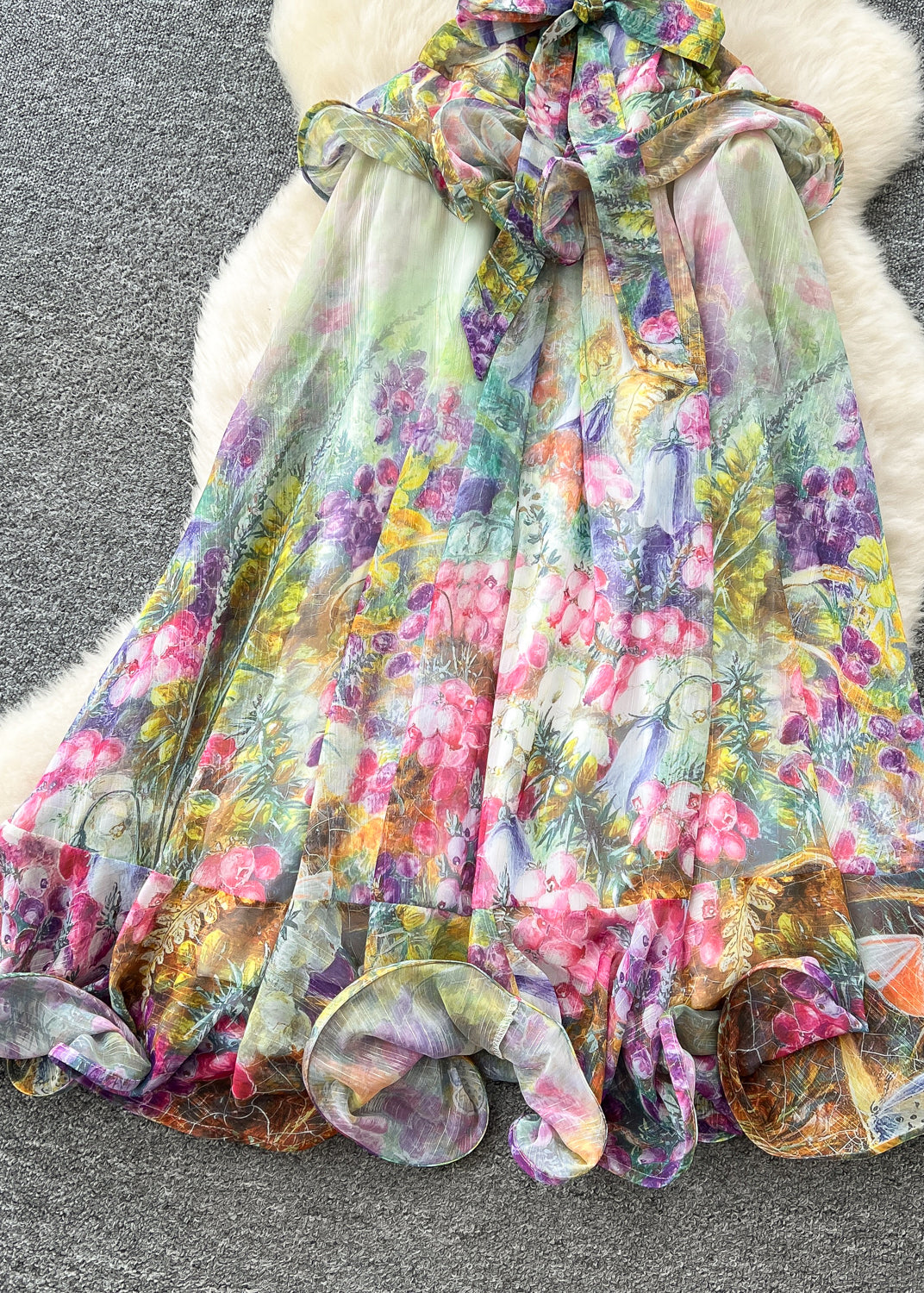 Green Slash Neck Print Chiffon Holiday Dress Summer