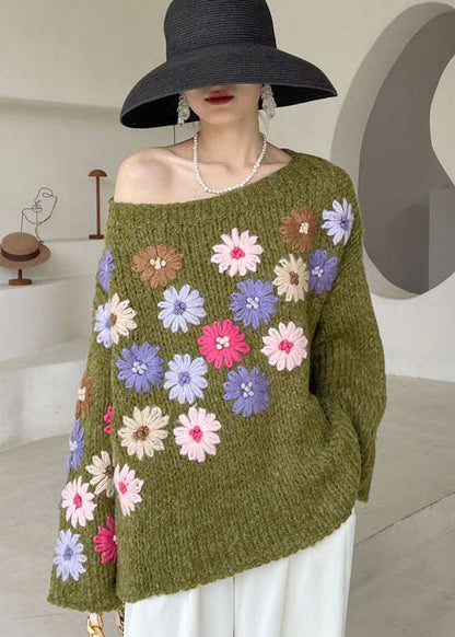 Green Embroideried Knit Sweaters Winter