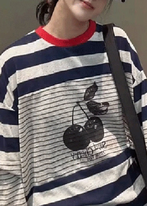 Striped Print Patchwork Cotton T Shirt Tops Fall
