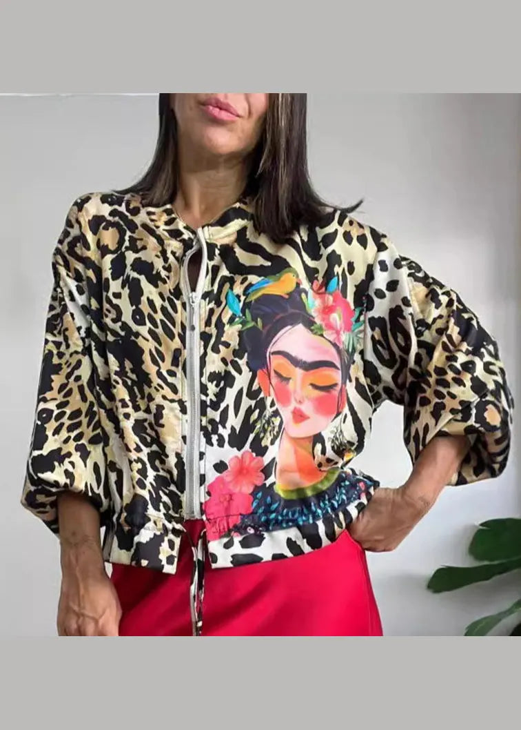 Black Leopard Zip Up Drawstring Short Coat Fall