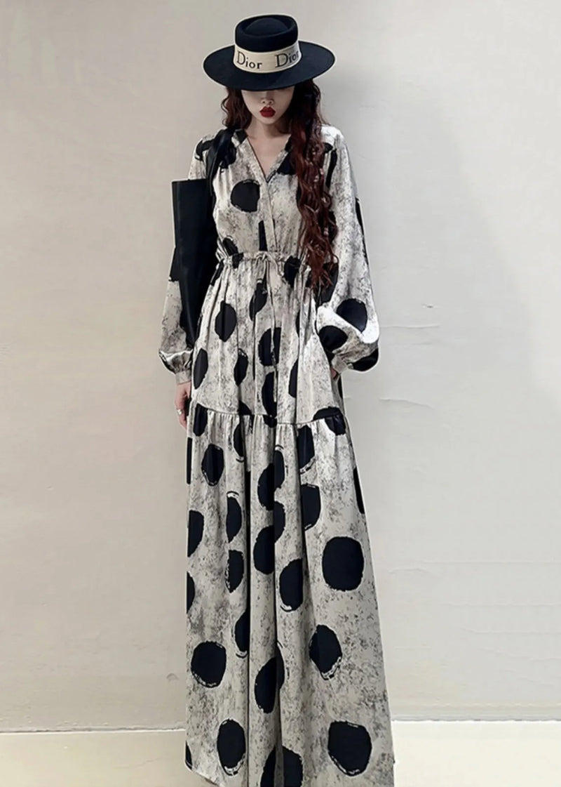 Loose Grey Print Lace Up Pockets Cotton Long Dresses Spring