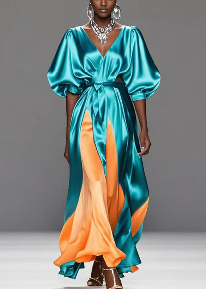 Green V Neck Patchwork Draping Silk Maxi Dress Summer