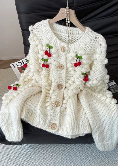 White Cherry Decorated Knit Cardigan Fall