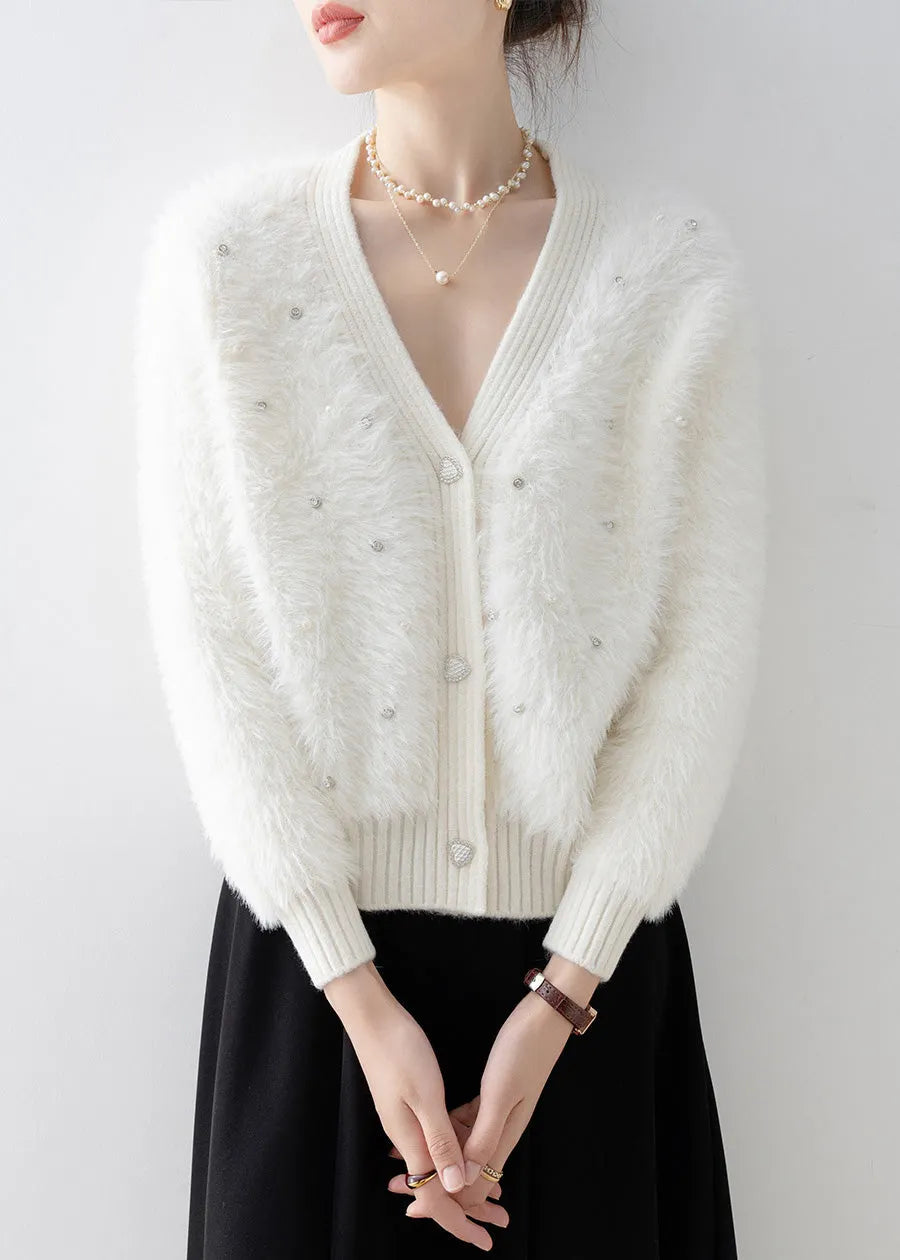 New White V Neck Zircon Mink Hair Knitted Cardigan Spring
