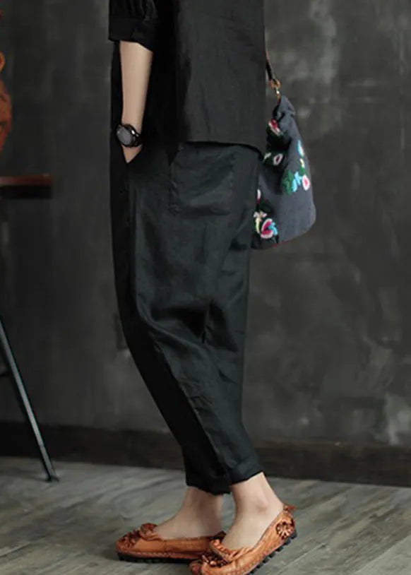 Retro Black Patchwork Pockets Linen Beam Pants Summer