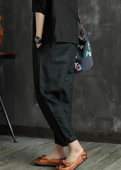 Retro Black Patchwork Pockets Linen Beam Pants Summer