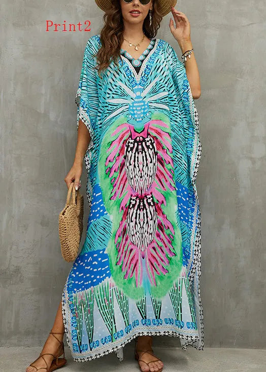 Loose V Neck Print Side Open Cotton Long Dress Summer