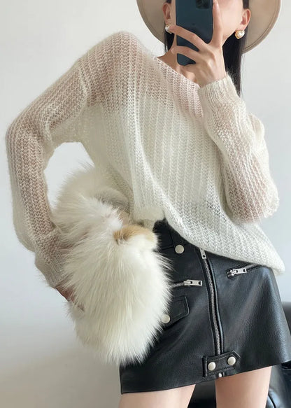 White Cozy Knit Sweater Hollow Out Winter