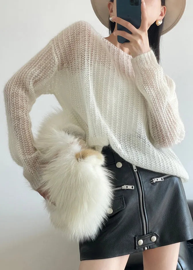 White Cozy Knit Sweater Hollow Out Winter