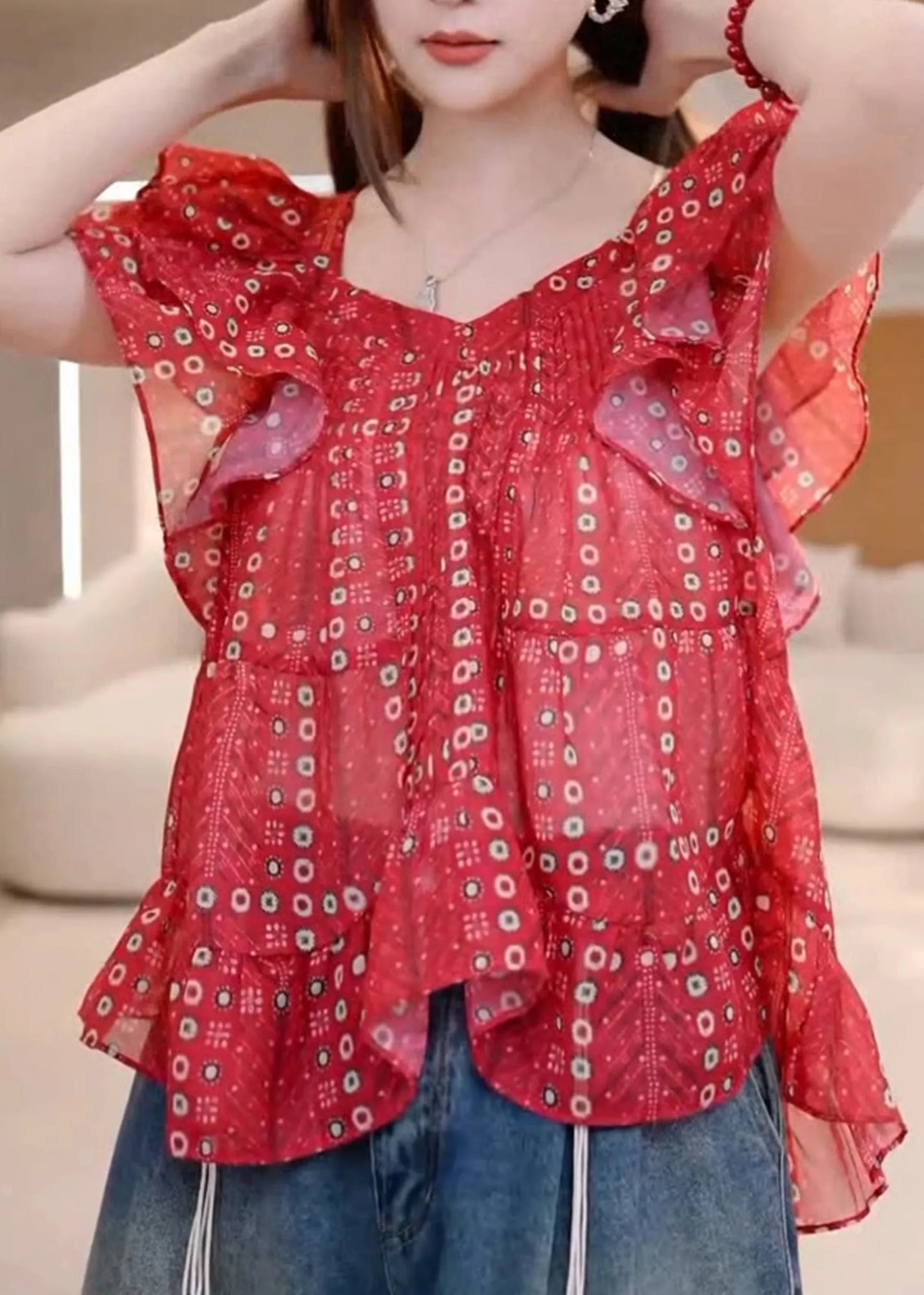 Loose Red V Neck Print Cotton Blouses Summer