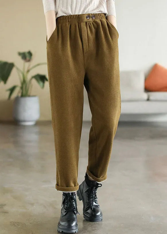Yellow Elastic Waist Pockets Warm Fleece Corduroy Pants Winter