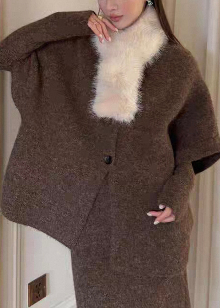 Original Coffee Fur Collar Knit Three Piece Set Batwing Sleeve