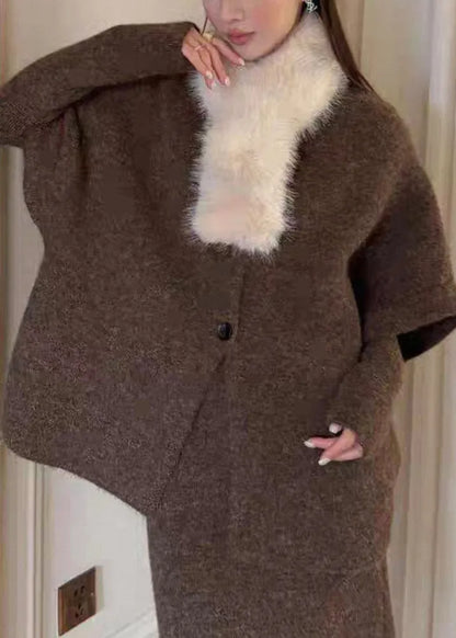 Original Coffee Fur Collar Knit Three Piece Set Batwing Sleeve