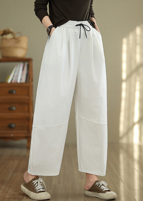 White Pockets Drawstring Cotton Pants Fall