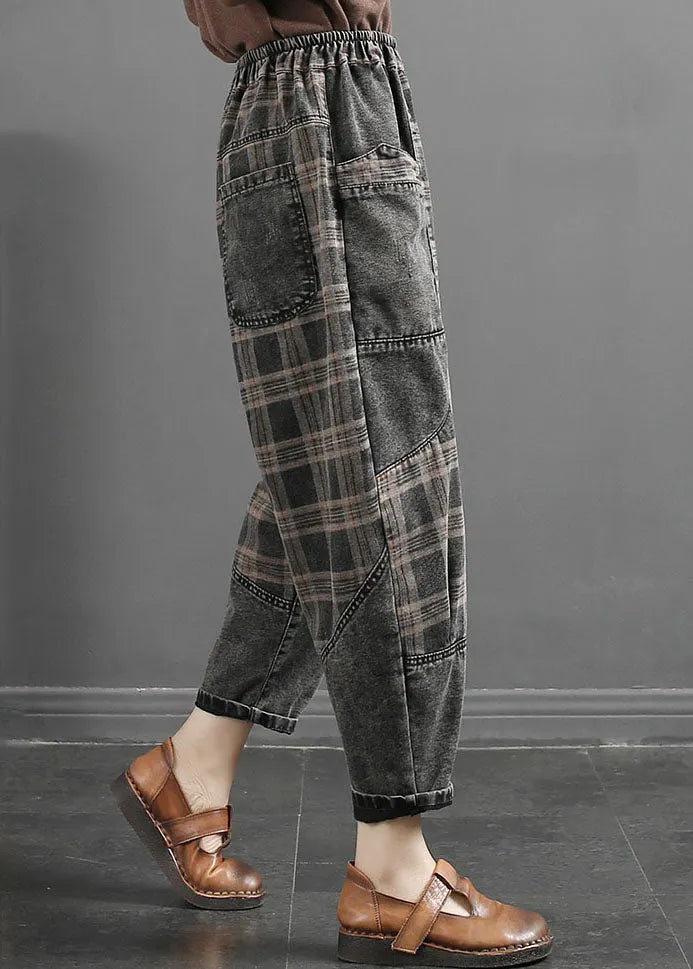 Grey Striped Plaid Patchwork Elastic Waist Crop Pants Fall