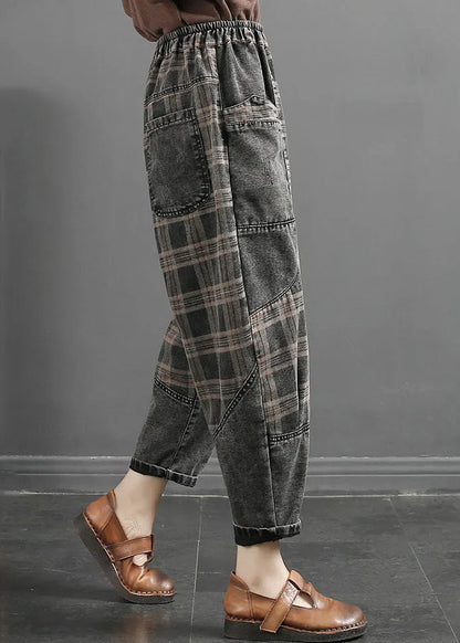 Grey Striped Plaid Patchwork Elastic Waist Crop Pants Fall