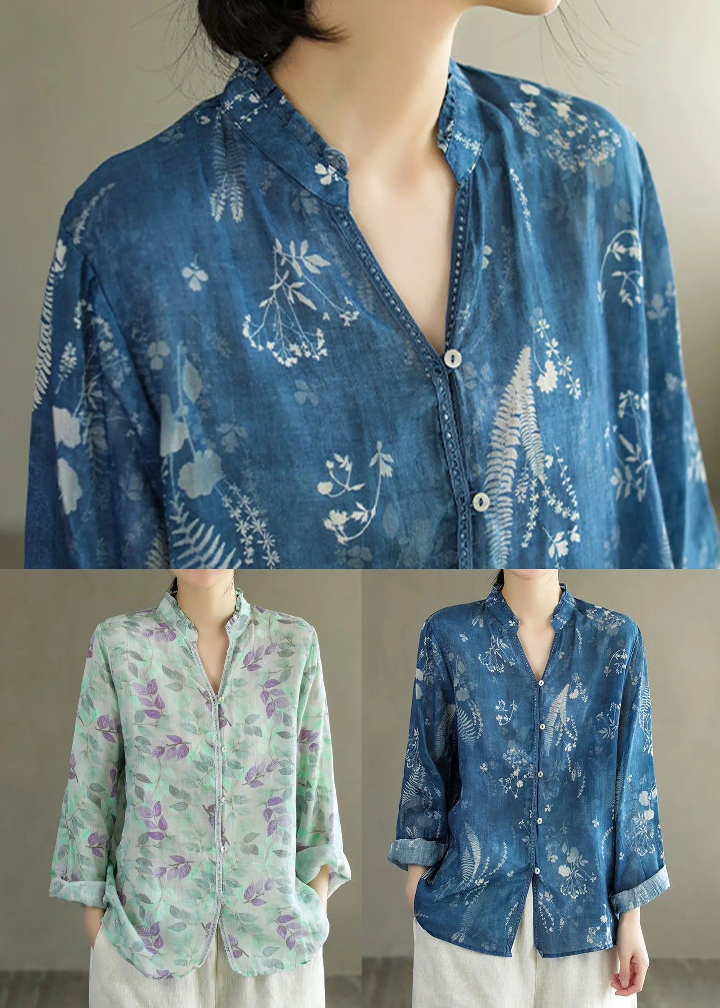 Diy Blue V Neck Ruffled Print Patchwork Linen Shirt Tops Spring