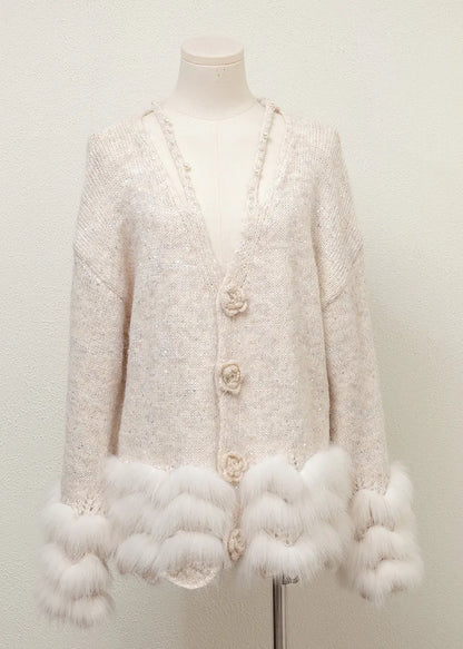 Grey V Neck Fox Fur Pearl Patchwork Knit Sweaters Winter