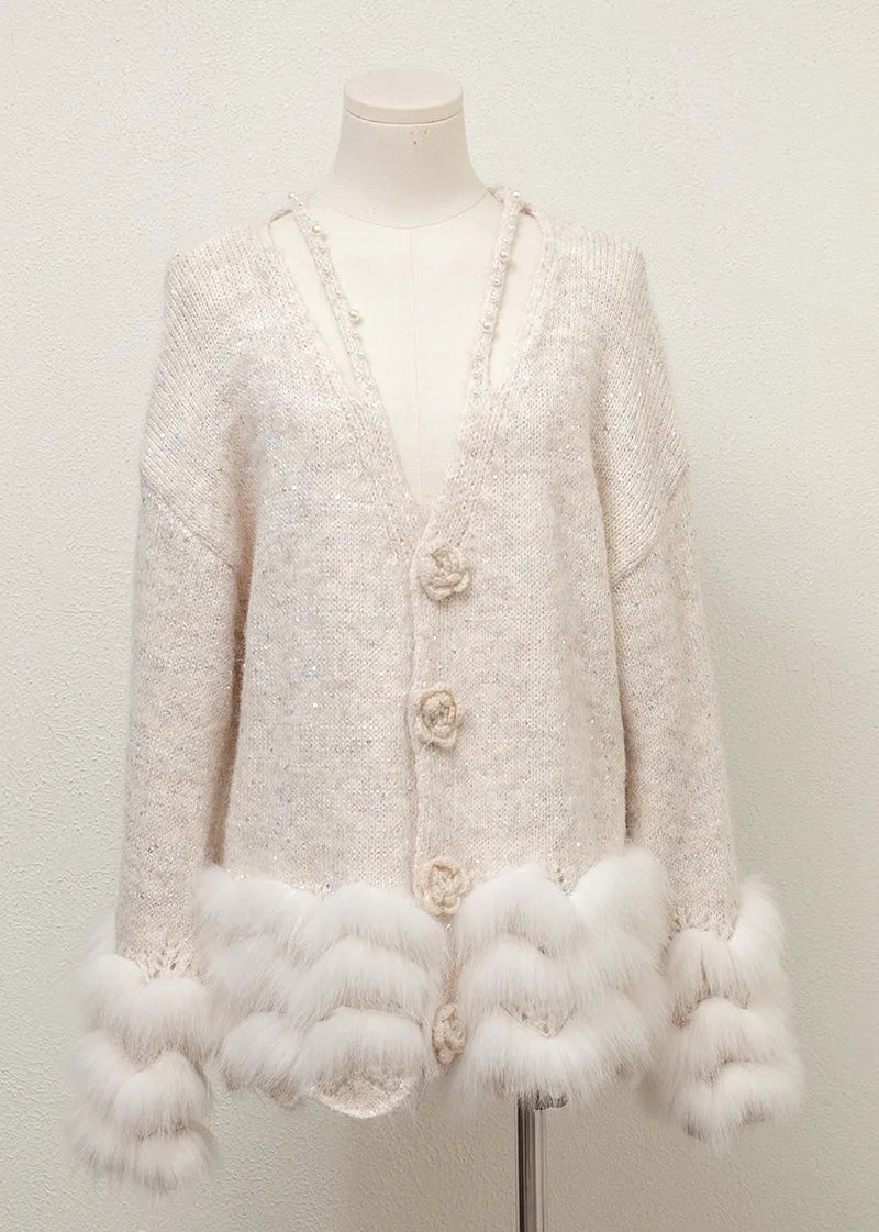 Grey V Neck Fox Fur Pearl Patchwork Knit Sweaters Winter