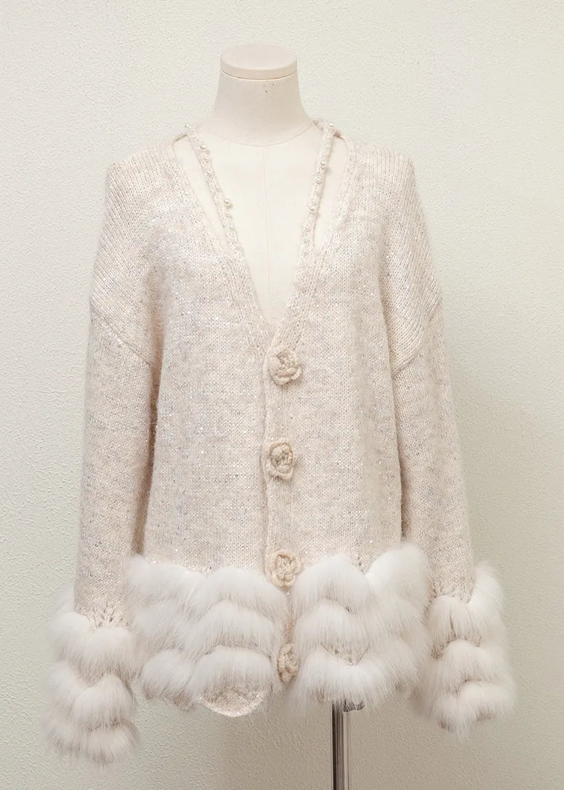 Grey V Neck Fox Fur Pearl Patchwork Knit Sweaters Winter