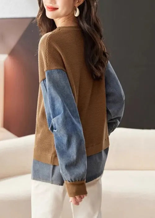 Loose Coffee O Neck Denim Patchwork Knit Tops Spring