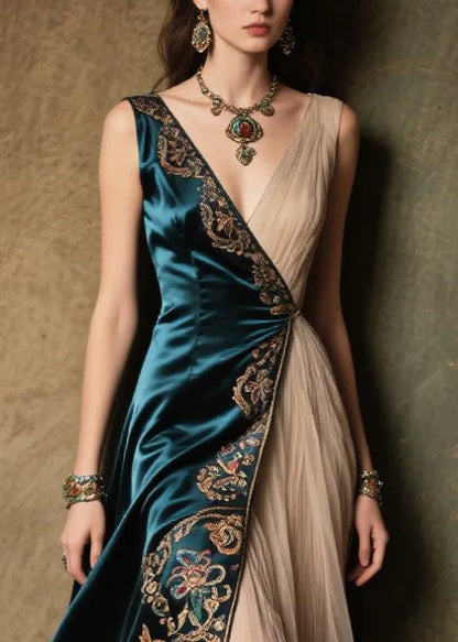 Peacock Blue Jacquard Tulle Patchwork Silk Velour Dress Summer