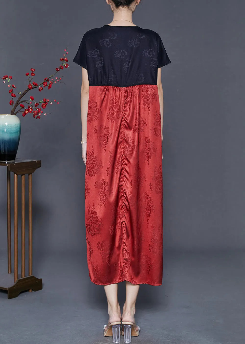 Red V Neck Patchwork Silk Dresses Summer
