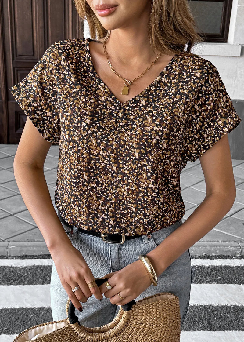 Organic Black V Neck Print Cotton T Shirt Summer
