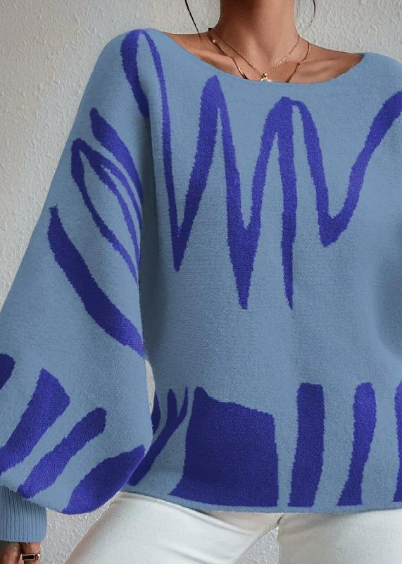 Blue Slash Neck Knit Sweaters Lantern Sleeve