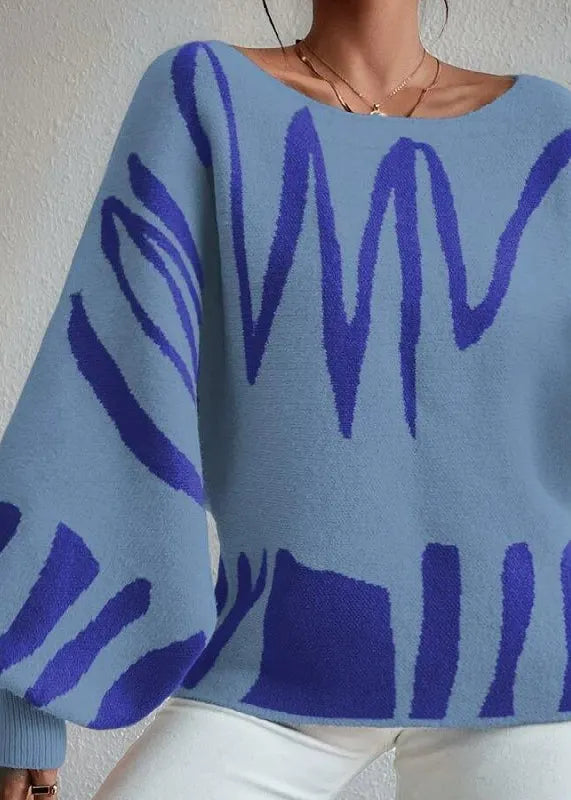 Blue Slash Neck Knit Sweaters Lantern Sleeve