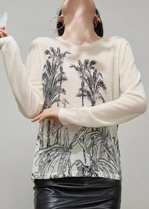 Slim Fit Apricot O Neck Print Thin Knit Sweater Fall