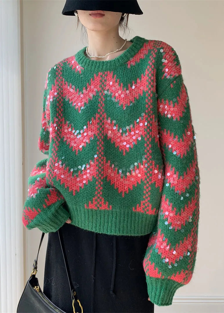 Green O Neck Sequins Patchwork Knit Sweaters Winter