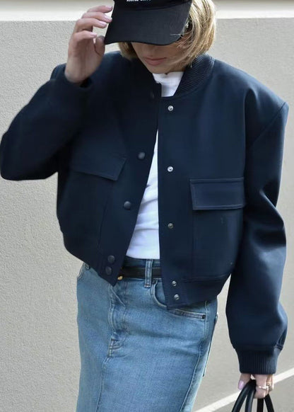 Navy Stand Collar Pockets Cotton Jacket Fall