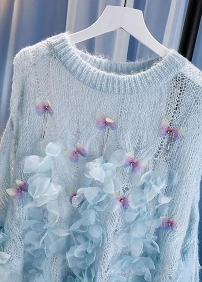Blue Patchwork Nail Bead Cotton Knit Sweaters Winter