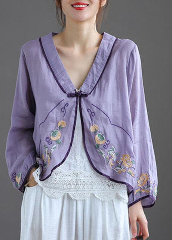 Green V Neck Embroidered Summer Ramie Cardigan Long Sleeve