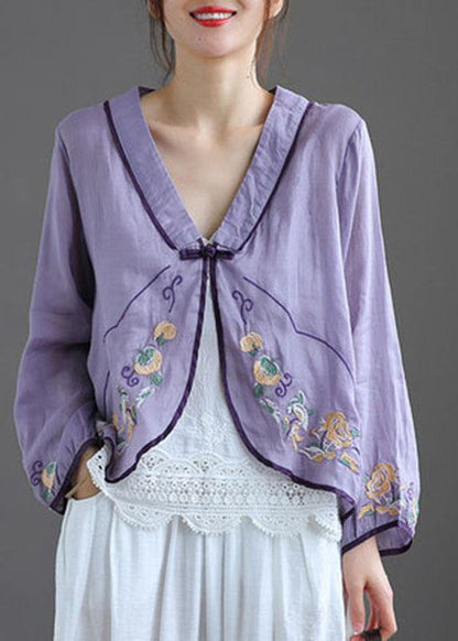 Green V Neck Embroidered Summer Ramie Cardigan Long Sleeve