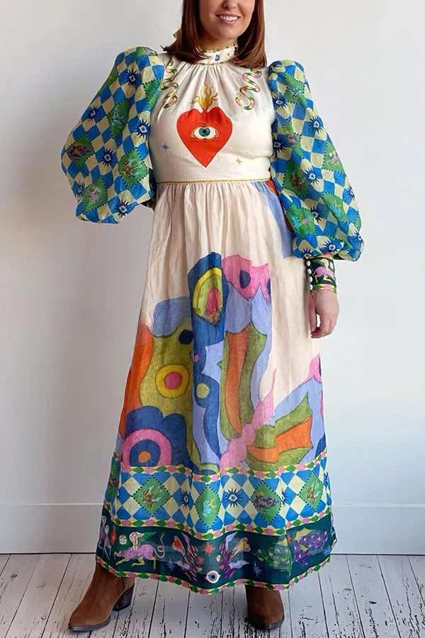 Dear to My Heart Unique Print Lantern Sleeve A-line Midi Dress