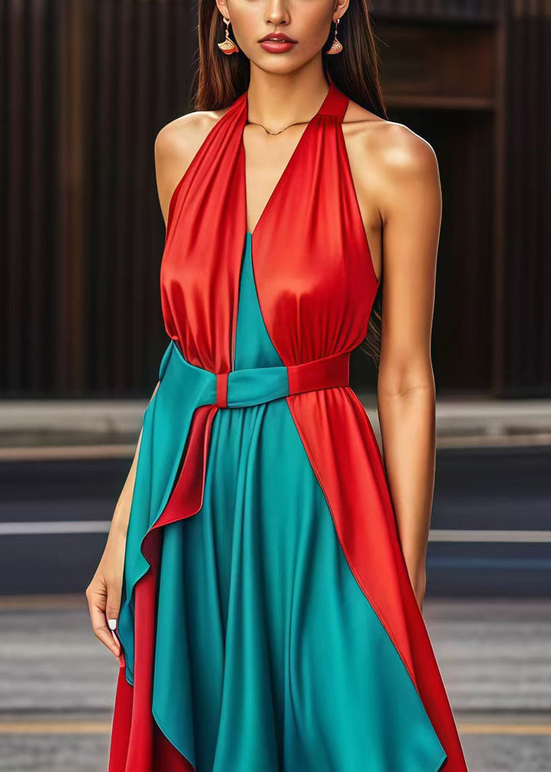 Colorblock Asymmetrical Patchwork Silk Halter Dress Summer