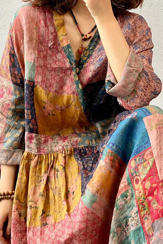 Summer Ramie Dress Patchwork Print Long Dress