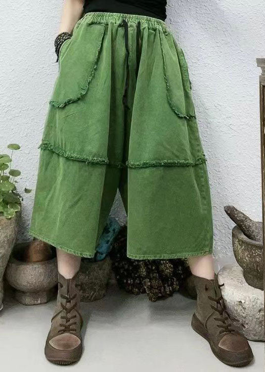 Green Pockets Patchwork Elastic Waist Denim Crop Pants Summer
