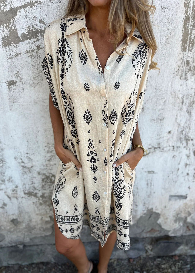 Beige Peter Pan Collar Print Cotton Shirts Dress Summer