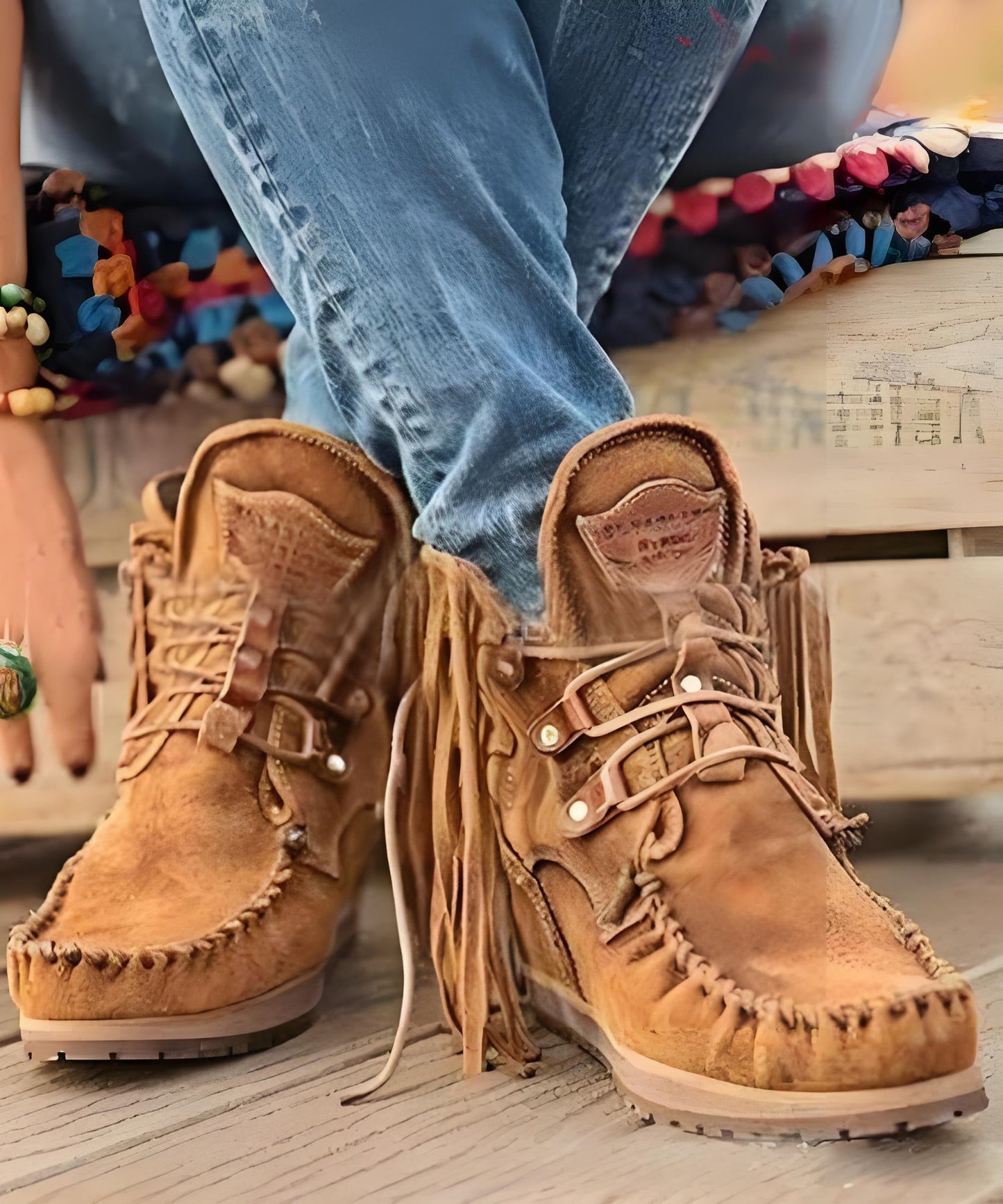 European and American Style Brown Tassel Lace Up Splicing Boots