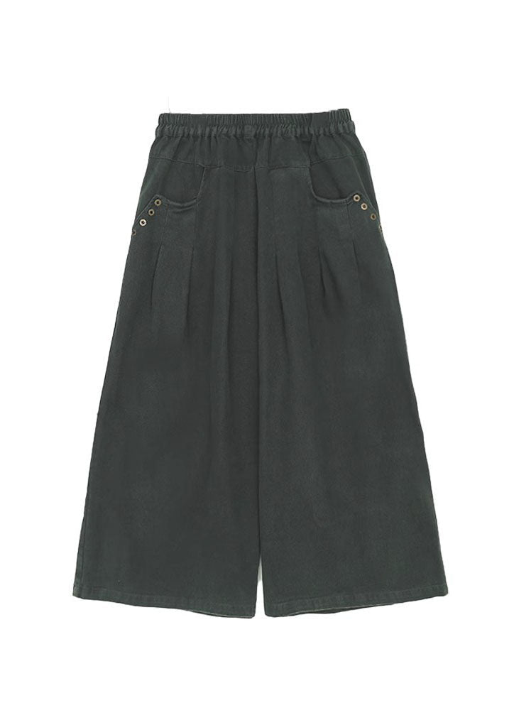 Red Pockets Elastic Waist Cotton Wide Leg Pants Spring