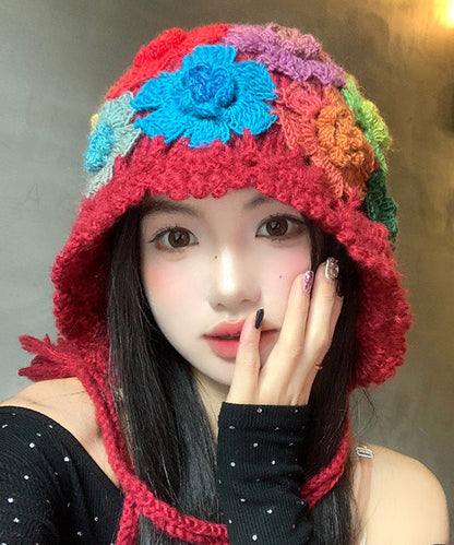 Style Red Flower Hollow Knitted Boonie Hat