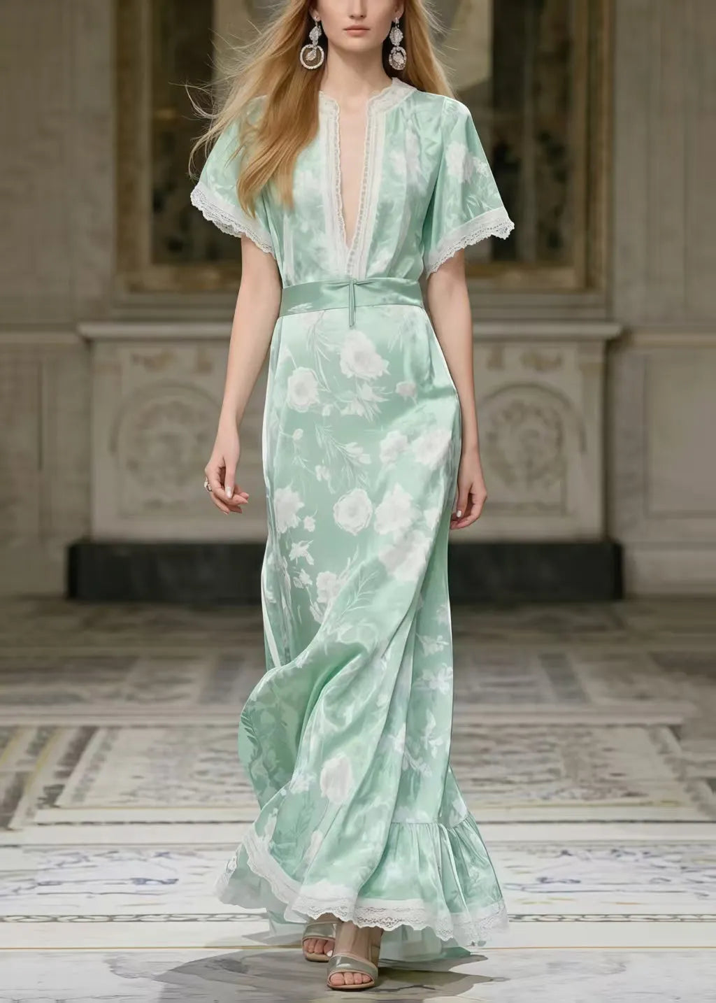 Art Light Green Print Patchwork Lace Party Dress Summer