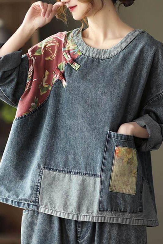 Retro Stitching Patchwork Print Denim Sweatshirt