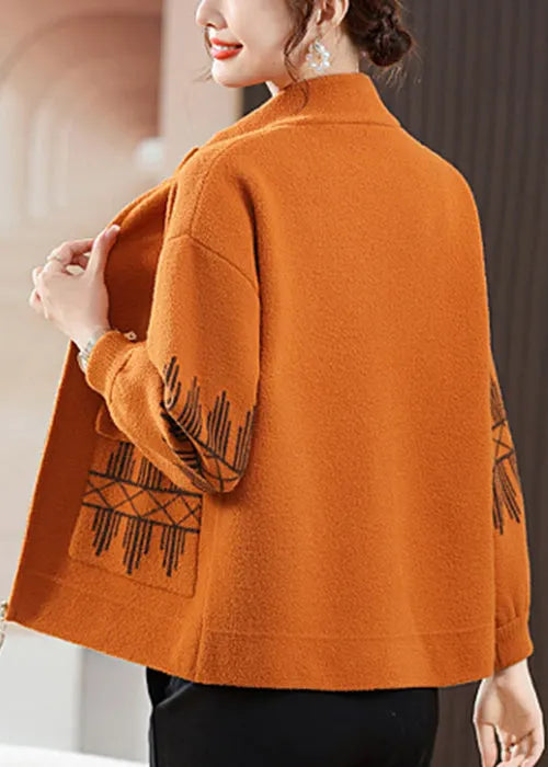 Loose Orange Stand Collar Zippered Pockets Woolen Coat Fall