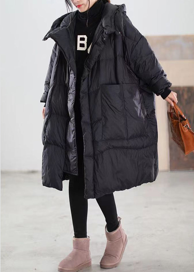 Black Hooded Pockets Patchwork Duck Down Coat Winter