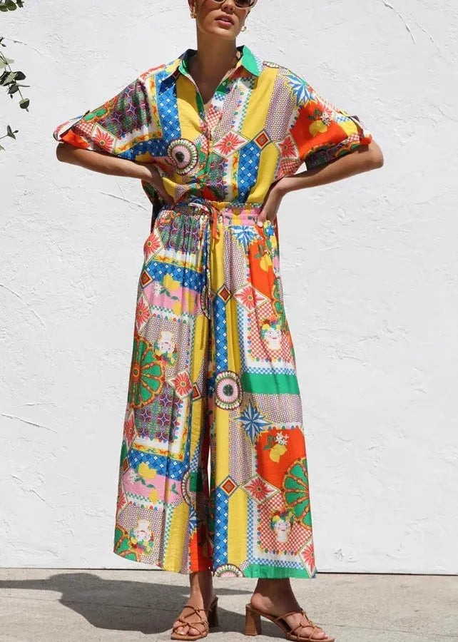 Print Shirts and Maxi Skirts Two Piece Set Short Sleeve